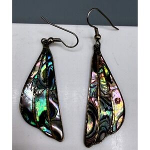Vintage Alpaca Mexico Abalone Shell Wing Inlay Drop Earrings Silver Tone Boho